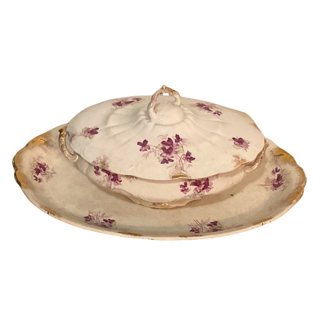 Large vintage covered serving dish with matching platter with purple violets